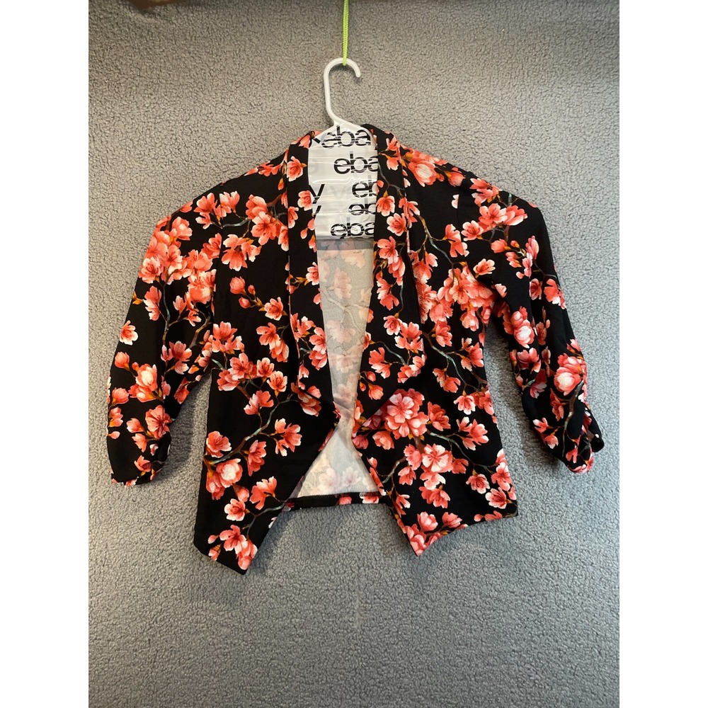 Doublju Womens Black and Pink Floral‎ Open Front Shrug Rouched Sleeves Size L